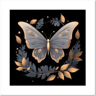 Elegant blue with gold butterfly Posters and Art